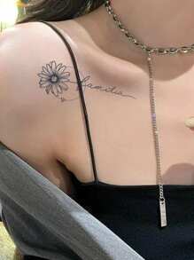 Tatuaje temporal de mariposa, flor y letras en inglés para mujeres, a prueba de agua y sin reflejo, adecuado para brazo, clavícula, pecho - Negro - Ver 2