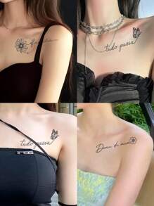 Tatuaje temporal de mariposa, flor y letras en inglés para mujeres, a prueba de agua y sin reflejo, adecuado para brazo, clavícula, pecho - Negro - Ver 1