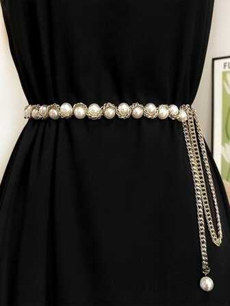 Elegant 1pc Women's Golden Fashionable Pearl Decor Waist Chain, All-Match Accessory To Match Dresses, Shirts, Etc. Halloween Summer, School Fall, Autumn, Halloween