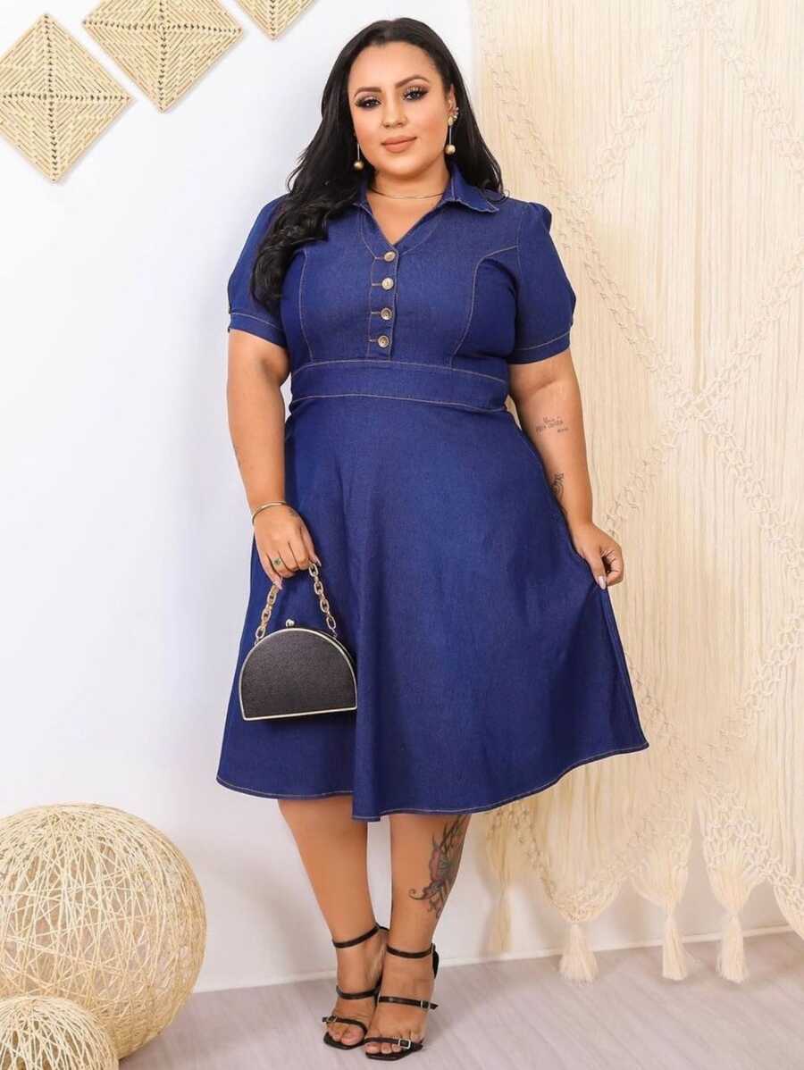 Plus Size Denim Dresses - Dark Wash - View 1
