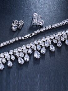 2件 白金色立方氧化鋯新娘婚禮項鍊和耳環套裝派對禮物 - 銀色 - 查看 4