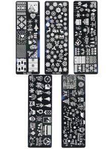 FULL BEAUTY 聖誕美甲壓花板5入組,包含雪花、聖誕樹、鈴鐺、花環、麋鹿,美甲模具壓花版,美甲印花模板,美甲工具 - 銀色 - 查看 2