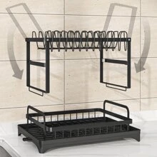 1pc Foldable Double-layer Bowl & Plate Drain Rack, Self-draining Iron Wire Dish Storage Organizer With Chopping Board Rack And Cutlery Holder, Black - Black - View 6