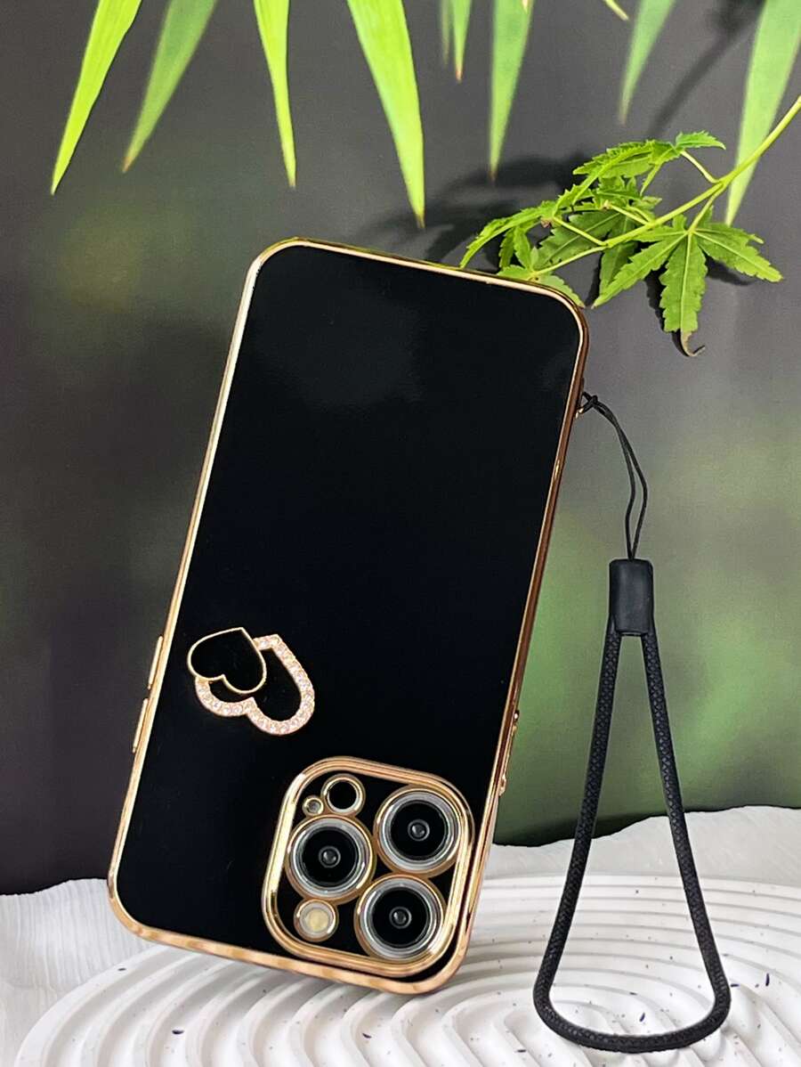 黑色防震电镀直边TPU软手机壳，带DIY心形指环和挂绳，兼容/三星/安卓手机，国际版，非国内版 - 黑色 - 查看 1