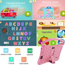 兒童平板，7英寸Android 11.0平板電腦，3GB 32GB幼兒平板電腦帶WiFi，GMS，家長控制，雙攝像頭，防震套，教育，遊戲（淺粉色）