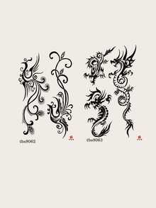 2 piezas/set Etiqueta engomada del tatuaje temporal fénix & en forma de dragón adecuado para de parejas usar - Negro - Ver 2