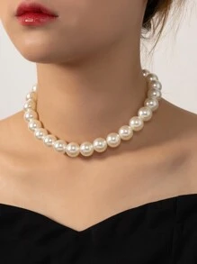 1pc Fashionable & Classic Basic Faux Pearl Necklace, Simple Design, Great For Wedding Gift - Beige - View 4