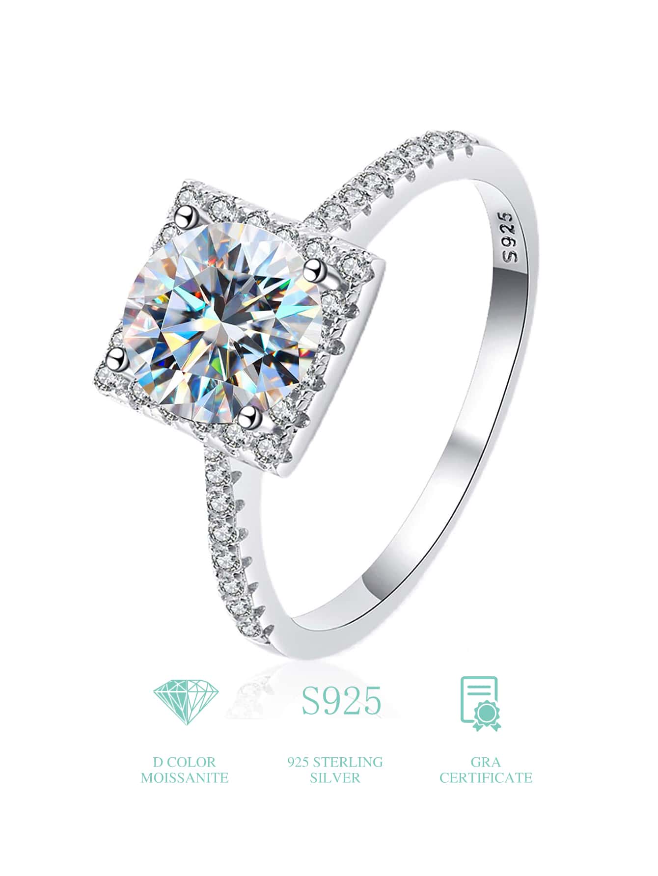 ESBERRY 1枚摩似龍鑽戒指,結婚戒指,女士 S925 純銀方形承諾戒指,永恆戒指,周年慶戒指,情人節優雅奢華的女士珠寶禮物,新娘珠寶。 - 銀色 - 查看 1