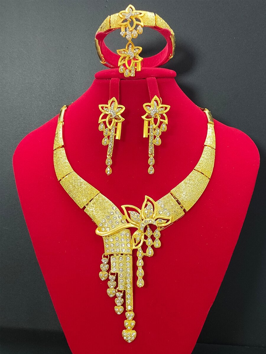 Lujoso Juego De Joyas De Oro Para Mujer, Que Incluye Collar, Aretes, Pulsera Y Anillo, Perfecto Para Bodas - Amarillo Oro - Ver 1