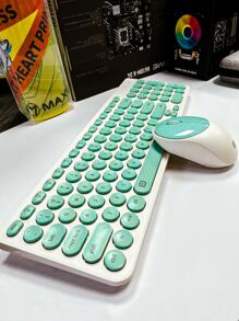 1pc White-green Color Block Wireless Keyboard And Mouse Set - Multicolor - View 2