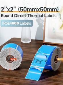 1Roll 2" Circle Thermal Labels, Self-Adhesive Round Thermal Sticker Label, Thermal Sticker for DIY Logo Design, QR Code, Name Tag, Inventory, Coding Dot Labels 600 Labels,Blue - Blue - View 2