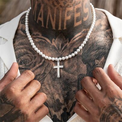 1件不锈钢26字母十字架吊坠，6毫米仿珍珠项链，男士派对佩戴