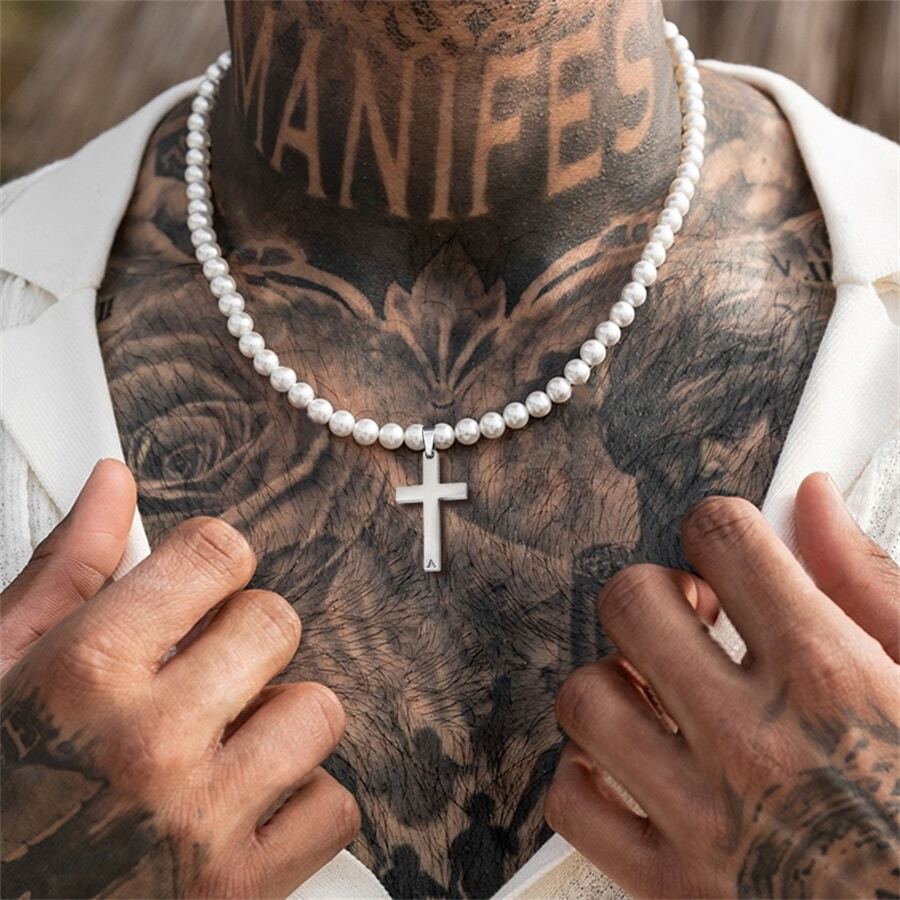 1 件不锈钢 26 十字字母吊坠 6 毫米人造珍珠项链 男士派对适用 - 白色 - 查看 1