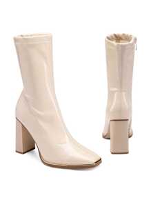 Women's Gogo Boots  Square Toe Elastic Ankle Boots High Chunky Block Heel Mid Calf  Christmas Holiday New Year Winter Boots - 米色 - 查看 5