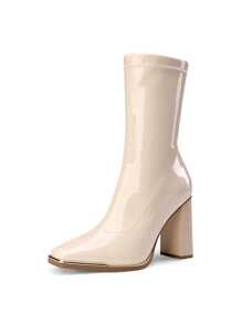 Women's Gogo Boots  Square Toe Elastic Ankle Boots High Chunky Block Heel Mid Calf  Christmas Holiday New Year Winter Boots - 米色 - 查看 2