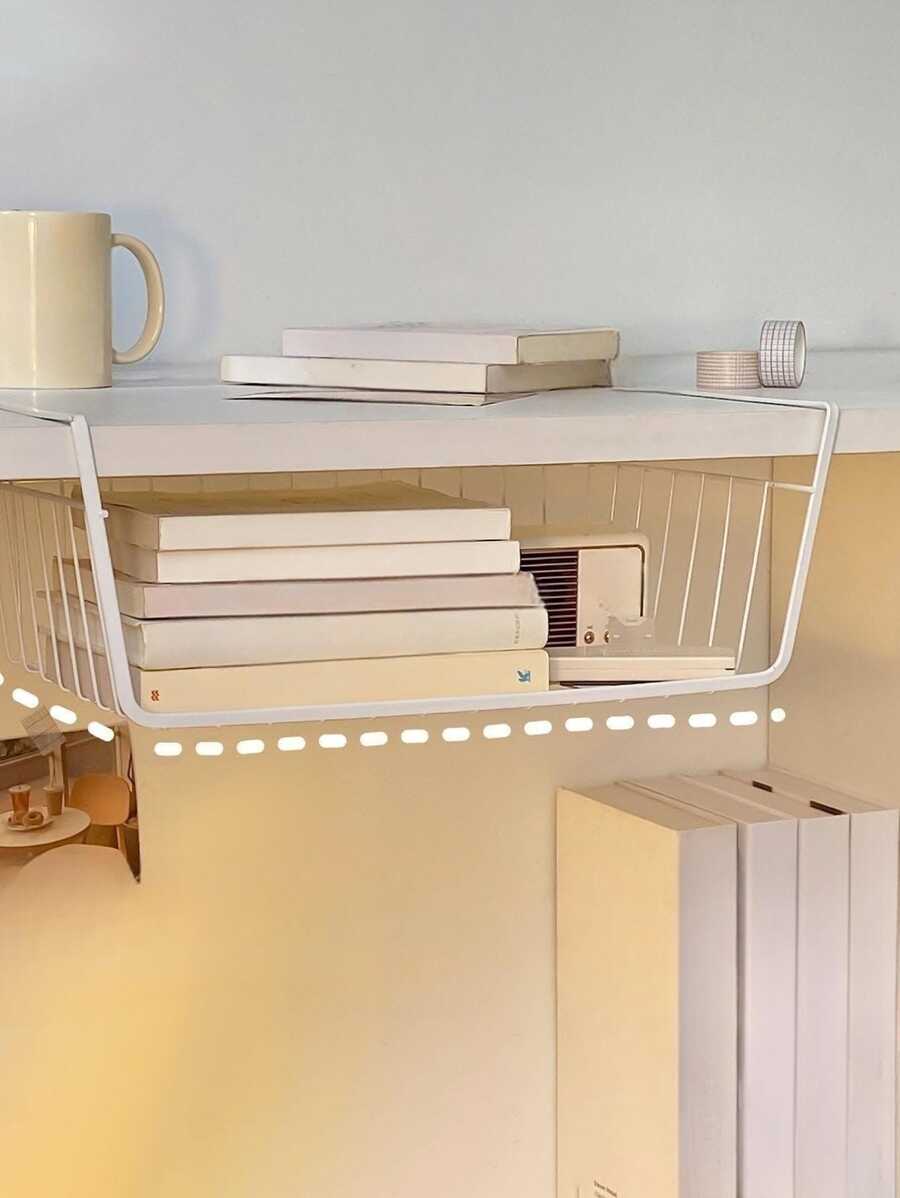 1入組鐵懸掛籃子桌面儲物架帶鉤適用於學生宿舍,壁掛式儲物架桌下 - 白色 - 查看 1