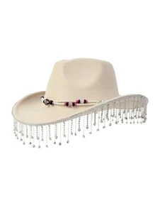 1頂豪華水晶流蘇設計女性牛仔帽,米色爵士帽用於舞台、表演、新娘 - 米色 - 查看 2