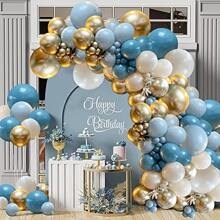 海水藍色氣球花圈套件,含 122 個孔雀藍、冰藍、霧藍、米色、金金屬、金色五彩紙屑乳膠氣球,非常適合男孩迎嬰派對、準新娘派對、婚禮、週年紀念、生日派對用品