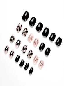 24pcs Short Square Black Chess Board Nail Art Stickers, Including Wearable Heart & Small Flower Designs, Removable + 1 Jelly Gel + 1 Buffing File - Black and White - View 5