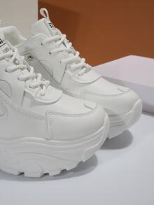 Women's Pu Leather Cross Strap Thick-soled Shoes With Hidden Heel & Wedge Heel, White Color, Suitable For Daily Sports Activities & Casual Wear, The Soles Are Designed To Be Suitable For Short Women - White - View 6