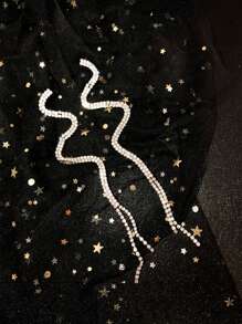 1pair Sparkling Rhinestone Snake Shaped Dangle Earrings With Tassels, Perfect For Bridal, Dating, And Gift-Giving Party - Silver - View 3