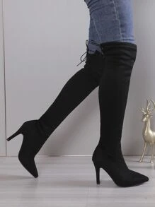 及膝靴帶修身細跟跟,彈性,黑色,時尚女性靴子適用於秋冬 - 黑色 - 查看 1
