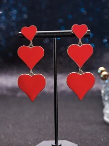 1對女士金色誇張紅心形耳環 - 紅色 - 查看 4