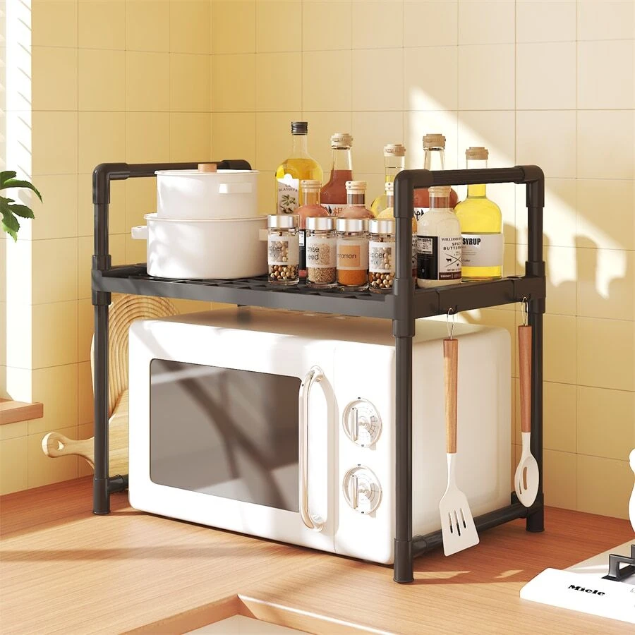 1pc Kitchen Countertop Stand For Electric Rice Cooker, Pot, Small Oven, Air Fryer, Microwave With Compartments For Seasoning Bottles, Made Of Iron & Thickened Pp Board, Black - Black - View 1