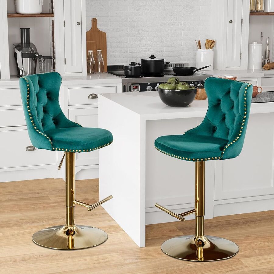 2/4/6 Piece Set Adjustable Swivel Bar Stools, Dining Bar Chairs With Velvet Tufted Back, Metal Base, Footrest For Home Bar, Dining Room, Kitchen Island. - 綠金 - 查看 1