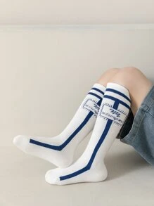 3雙兒童用藍白色號碼條紋字細節高筒袜，吸濕排汗、保護腿部、保暖，適合跑鞋、運動鞋、時尚青少年男女，秋冬系列，現代時尚假日風格，中等厚度，全年保護腿部 - 彩色 - 查看 9