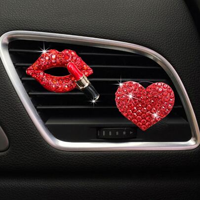 2/4 مشبك ملحقات سيارة للتهوية بشكل قلب ولسان الشفاه مرصع بالراينستون زيت العطور، ديكور داخلي للسيارة