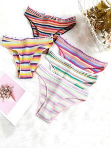 5 Piezas/set Calzones De Mujer De Baja Altura Con Estampado De Letras Y Rayas Coloridas - Multicolor - Ver 1