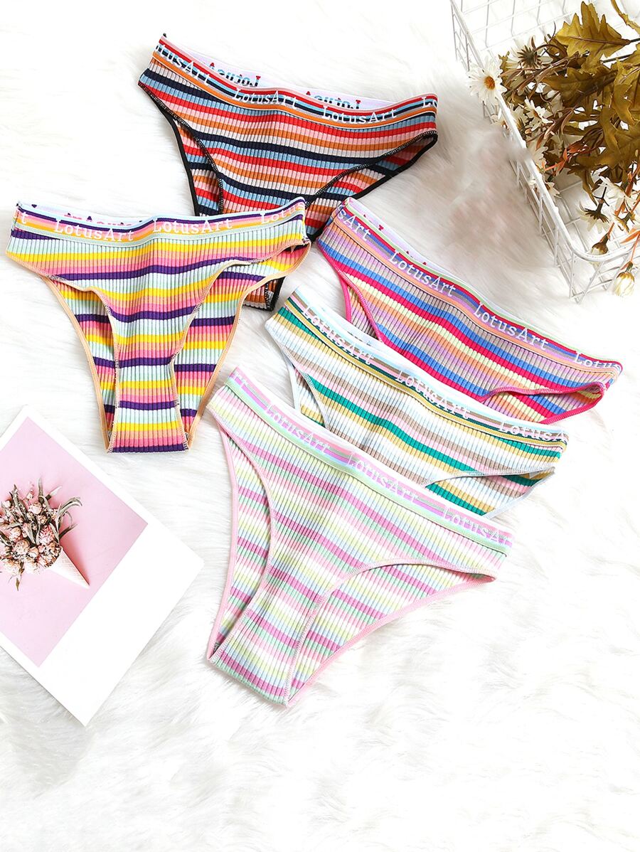 5 Piezas/set Calzones De Mujer De Baja Altura Con Estampado De Letras Y Rayas Coloridas - Multicolor - Ver 1