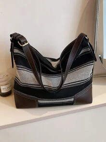 Striped Pattern Large Capacity Women's Shoulder Bag - Black - View 5