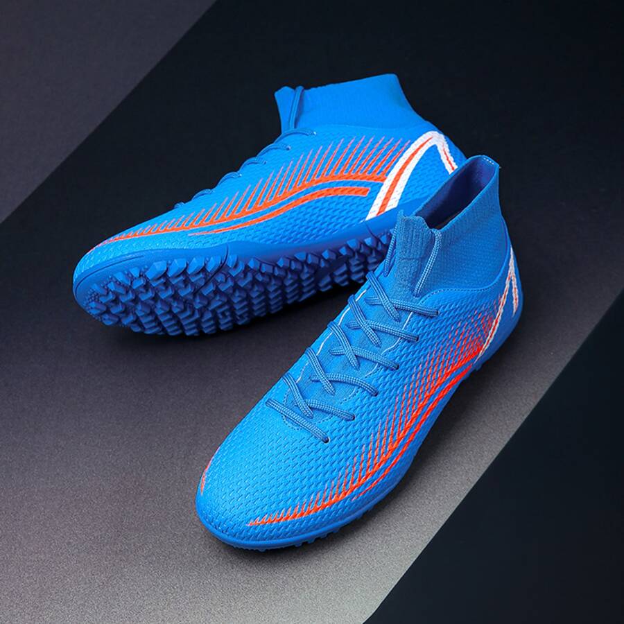 Professional Soccer Shoes For Teenagers & Adults, Short Studs For Training, Indoor Competition, High Top, Unisex, Black/white/blue, Eu Size 35-45