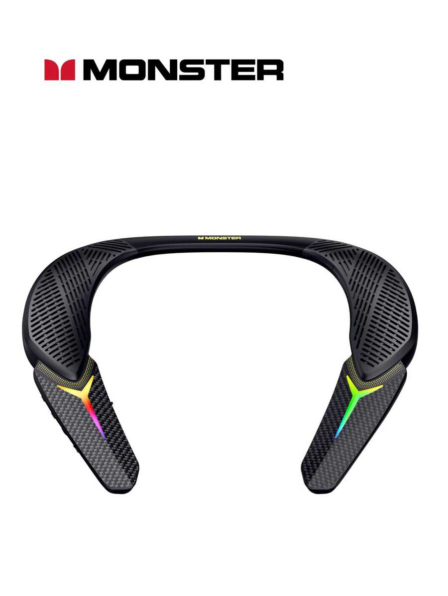Monster Stinger Neck Speaker, Neckband Bluetooth Speaker with 10H Playtime, True 3D Stereo Sound, Low Latency, RGB Lights, Built-in Mic, Wireless Wearable Speaker for Gaming Movies Music, Lightweight - 黑色 - 查看 1