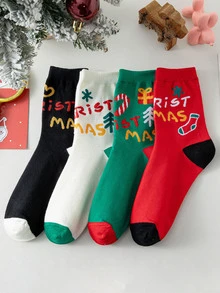 4雙/組女士中筒袜,聖誕雪人禮物 - 彩色 - 查看 5