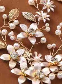 1pc Premium Handmade Bride Photoshoot Hairband Twisted Faux Pearl & Gold Leaf Decor Headband Turban Headband Sweatband Fall Winter Hair Band Hair Accessories For Women For Vacation Outfits Woman Elegant Scarf Women Bandana Soft Headwrap - Multicolor - View 6