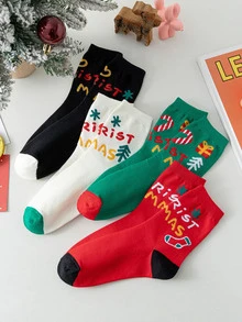 4雙/組女士中筒袜,聖誕雪人禮物 - 彩色 - 查看 1
