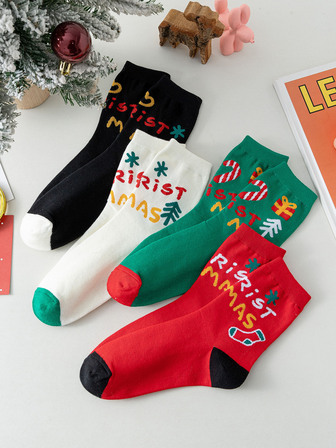 4雙/組女士中筒袜,聖誕雪人禮物