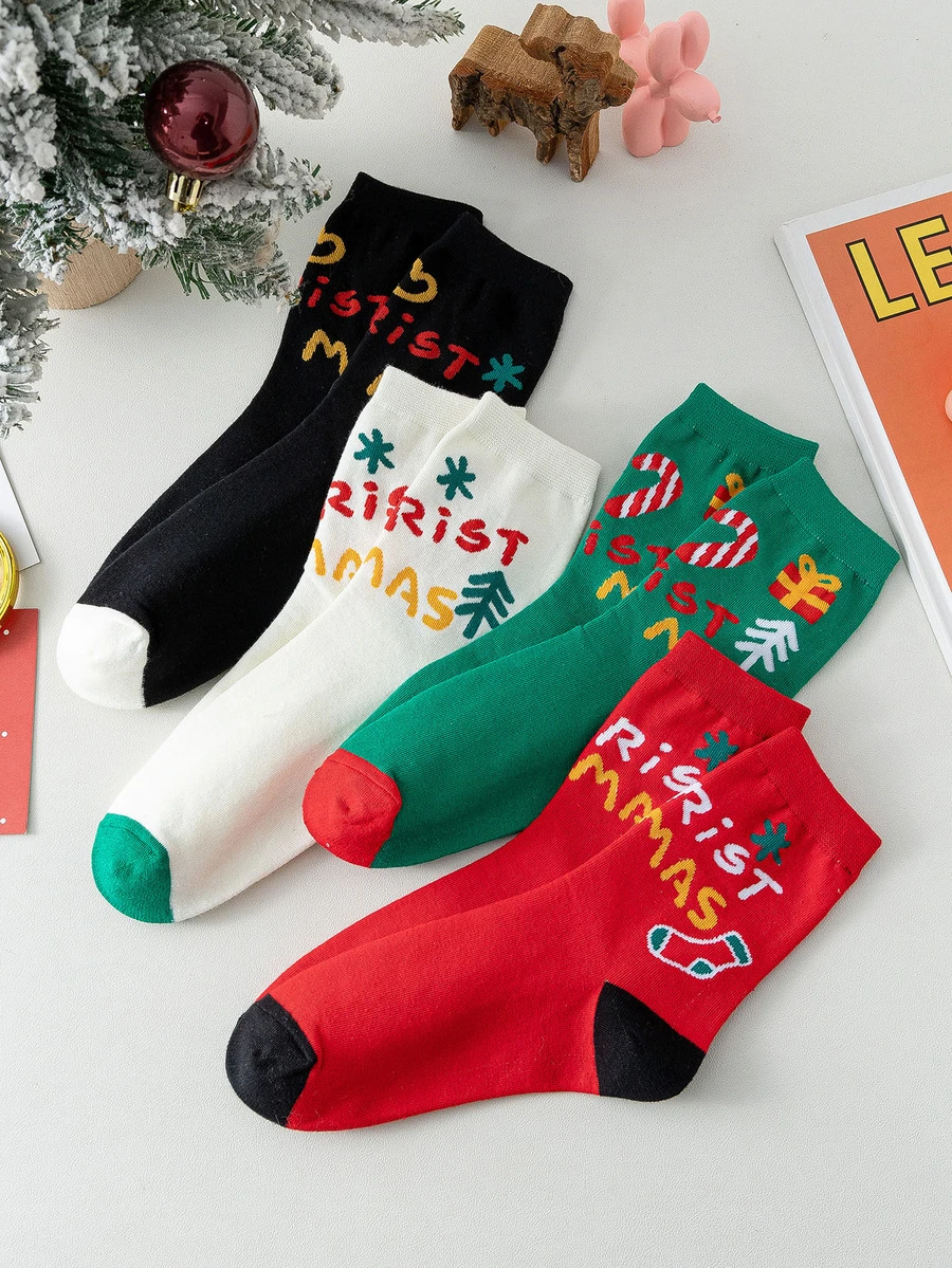 4雙/組女士中筒袜,聖誕雪人禮物 - 彩色 - 查看 1