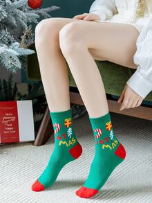 4雙/組女士中筒袜,聖誕雪人禮物 - 彩色 - 查看 3