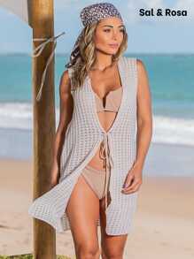 Women's Short Sleeve Beach Cover-Up 2-Piece Kit Knitted Swimwear - 黑色和關閉 - 查看 3