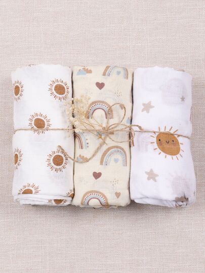 HappyFlute 彩虹和太阳熊图案平纹细布竹纤维婴儿裹巾襁褓毯 3 件套 120*110 厘米 带 Oeko 认证