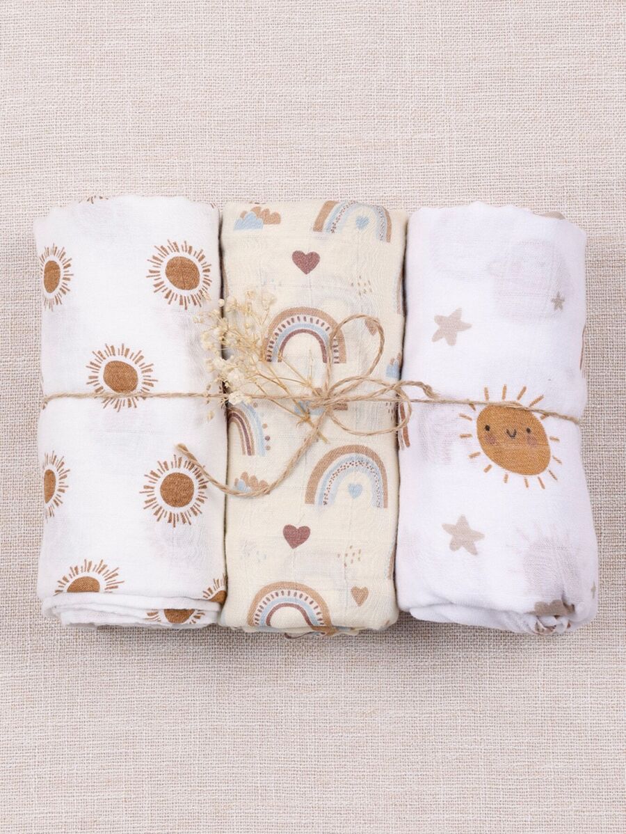 HappyFlute 彩虹和太阳熊图案平纹细布竹纤维婴儿裹巾襁褓毯 3 件套 120*110 厘米 带 Oeko 认证 - 彩色 - 查看 1