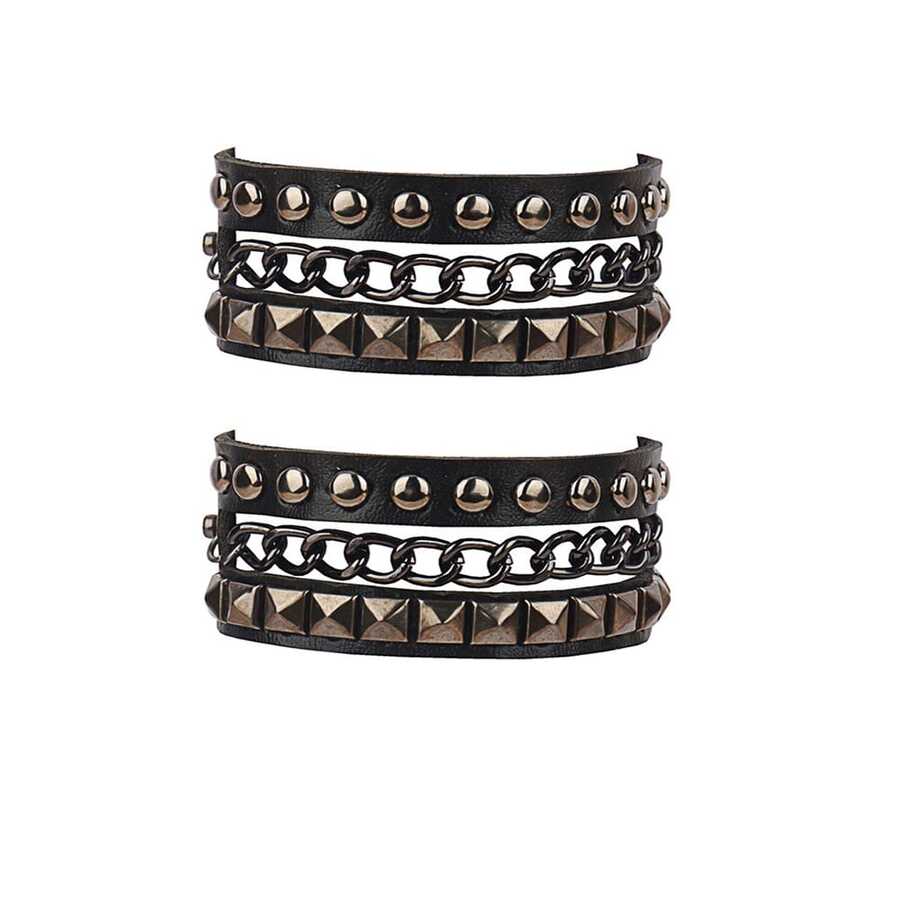 2Pcs/Set Pu Leather Rock Spikes Rivet Chains Gothic Punk Wide Cuff Leather Bracelet Bangle Best Gift - Black - View 1