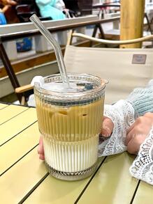 Striped Glass Iced Coffee Cup To Go Cup With Lid And Striped Straw For Cold Latte, Summer - Clear - View 4