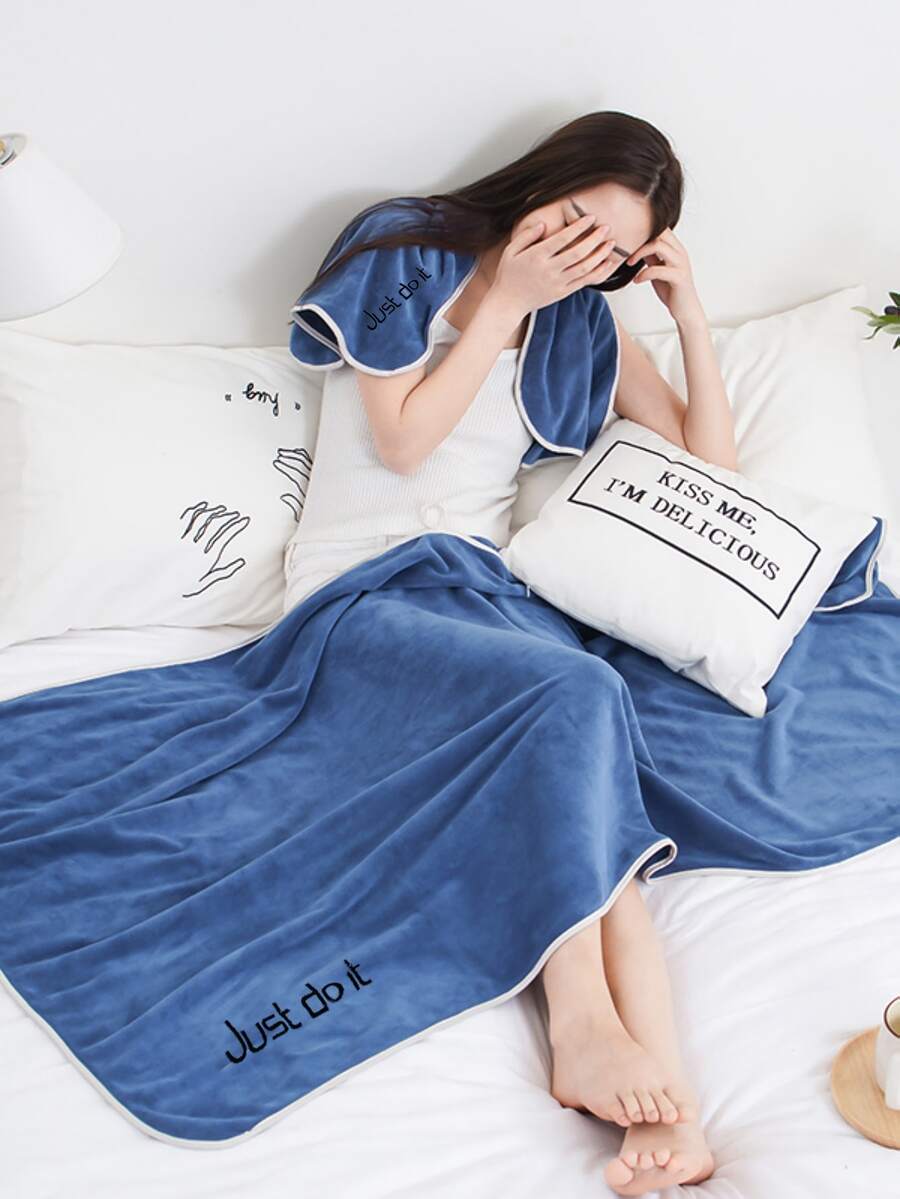 1 件蓝色涤纶长方形浴巾毛巾套装刺绣字母图案男女家用成人，Ren 游泳浴巾速干吸水，柔软不褪色，适用于浴室、酒店、健身房等 - 藍色 - 查看 1