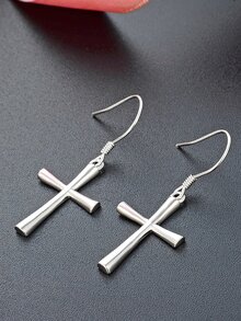 1雙簡約風十字架設計女性每天時尚極簡風格銀耳環 - 銀色 - 查看 2