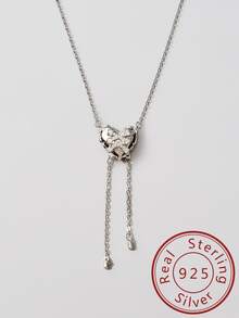 1 件奢华 925 纯银丝带、蝴蝶结、心形和流苏吊坠项链，带装饰，长度可调节，适合女性日常佩戴